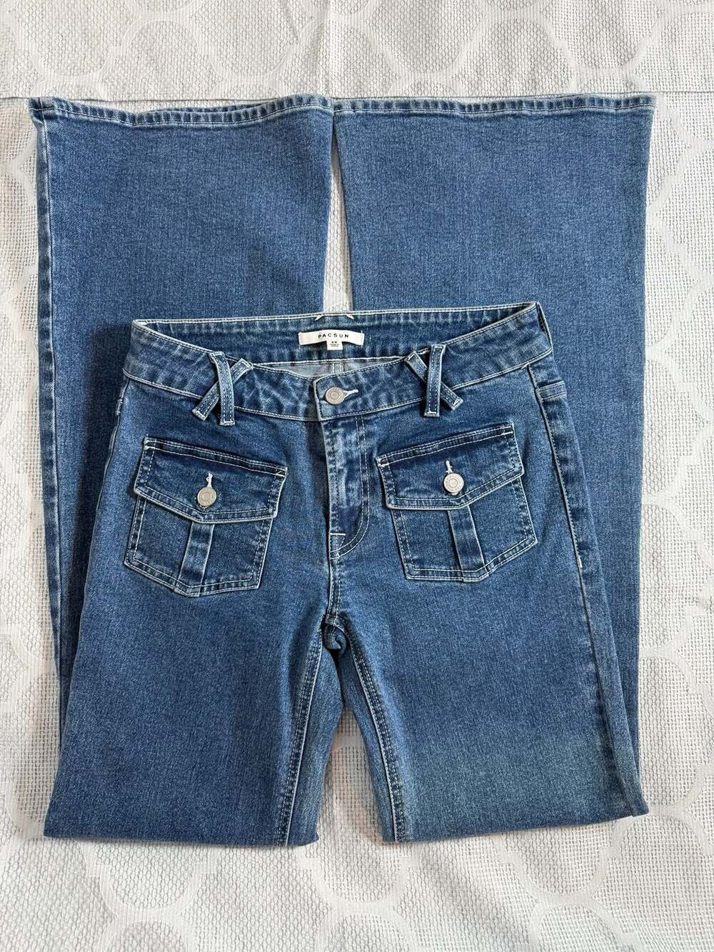 PacSun Y2K Low Rise Flare Jeans Blue Denim Flap Pockets